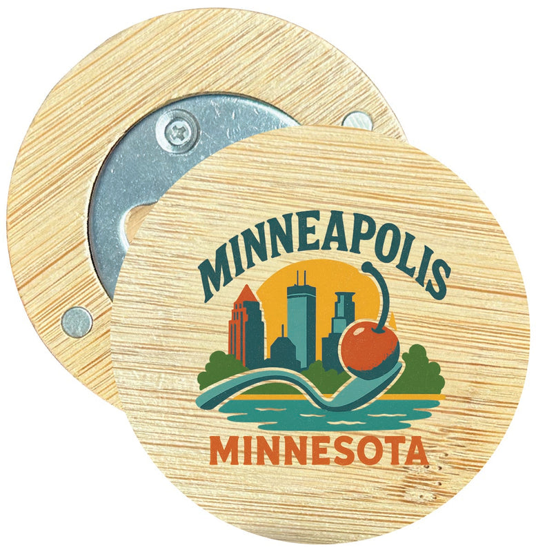 Minneapolis Minnesota Vintage Design Souvenir Round Wood Magnetic Bottle Opener 2.5"
