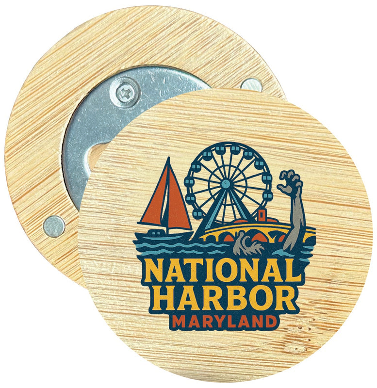 National Harbor Maryland Vintage Design Souvenir Round Wood Magnetic Bottle Opener 2.5"