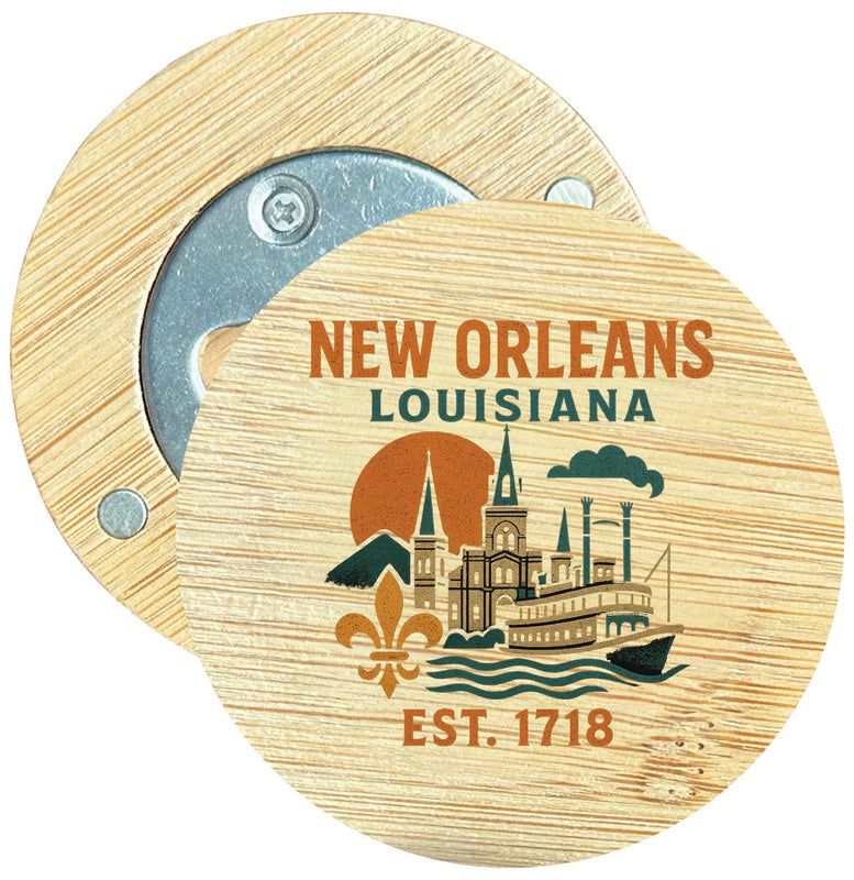 New Orleans Louisiana Vintage Design Souvenir Round Wood Magnetic Bottle Opener 2.5"