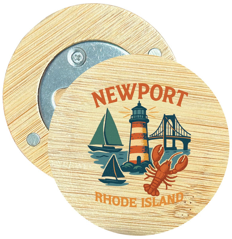 Newport Rhode Island Vintage Design Souvenir Round Wood Magnetic Bottle Opener 2.5"