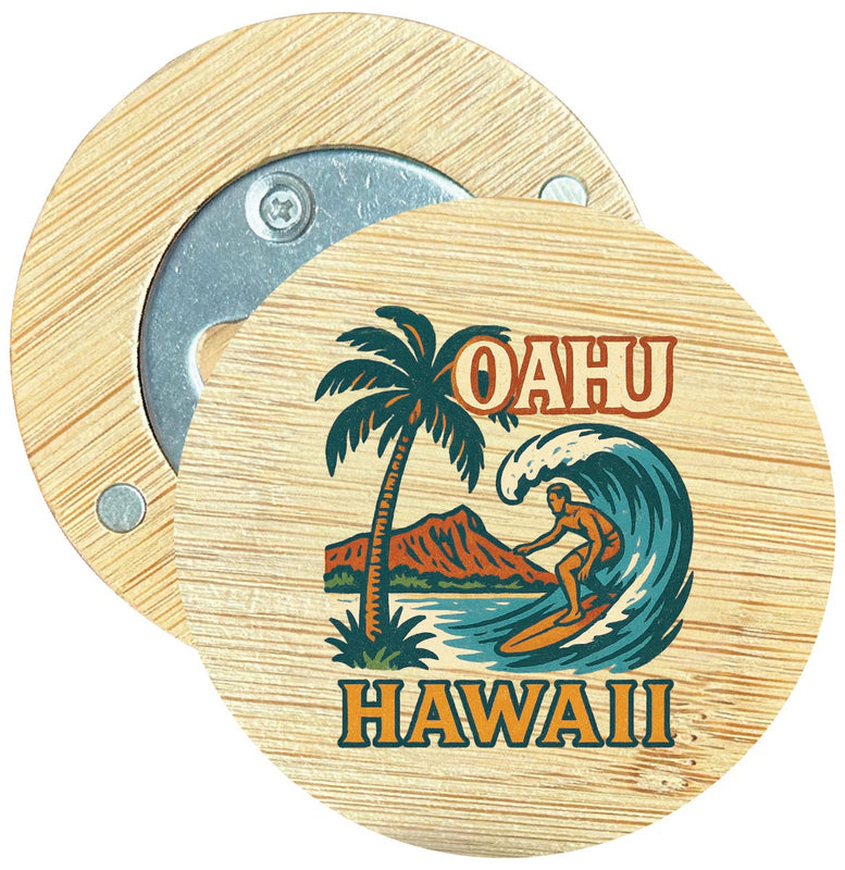 Oahu Hawaii Vintage Design Souvenir Round Wood Magnetic Bottle Opener 2.5"