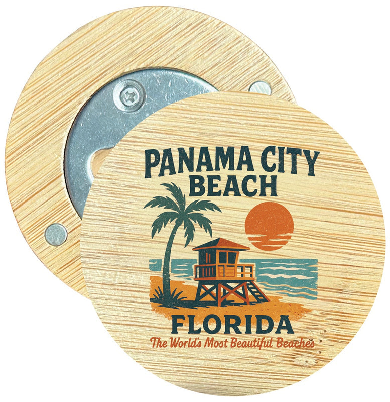 Panama City Beach Florida Vintage Design Souvenir Round Wood Magnetic Bottle Opener 2.5"