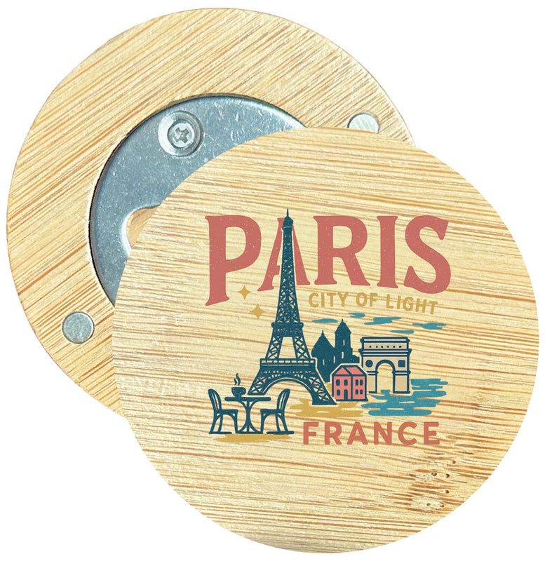 Paris France Vintage Design Souvenir Round Wood Magnetic Bottle Opener 2.5"