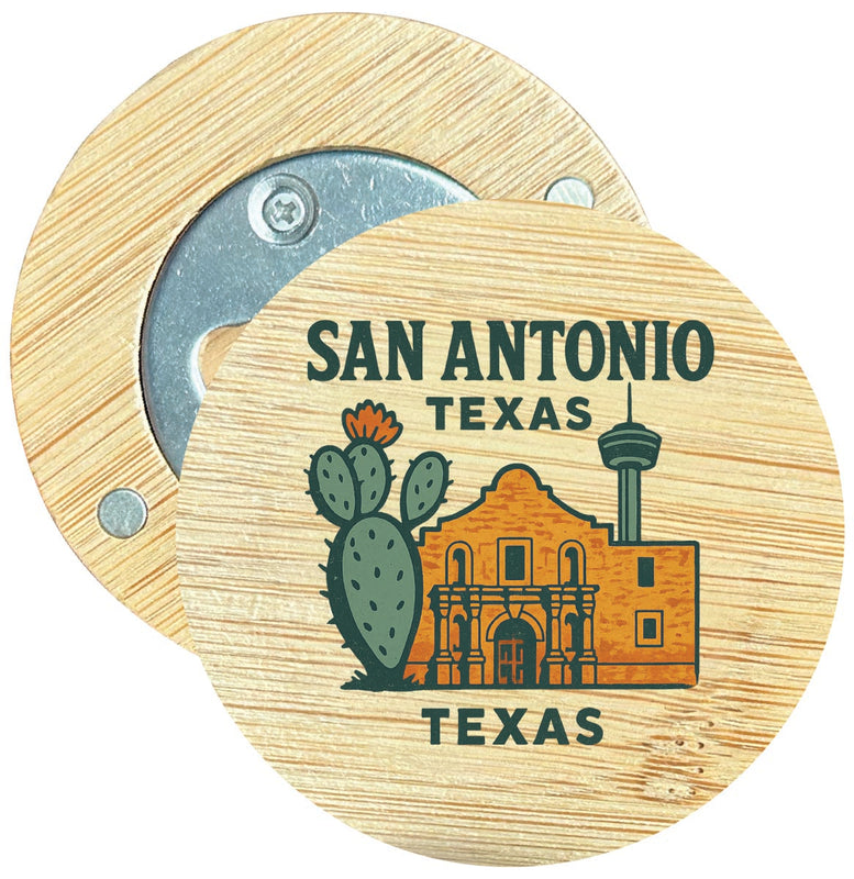 San Antonio Texas Vintage Design Souvenir Round Wood Magnetic Bottle Opener 2.5"