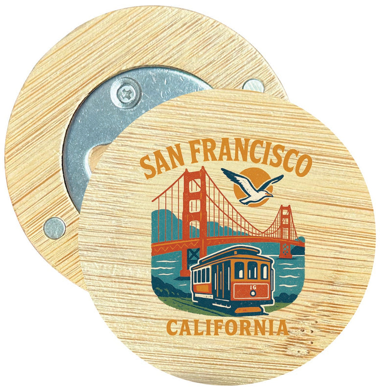San Francisco California Vintage Design Souvenir Round Wood Magnetic Bottle Opener 2.5"