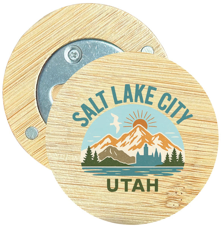 Salt Lake City Utah Vintage Design Souvenir Round Wood Magnetic Bottle Opener 2.5"