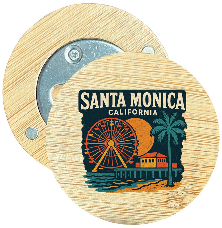 Santa Monica California Vintage Design Souvenir Round Wood Magnetic Bottle Opener 2.5"
