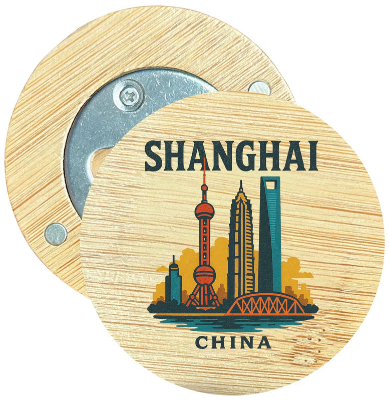 Shanghai China Vintage Design Souvenir Round Wood Magnetic Bottle Opener 2.5"