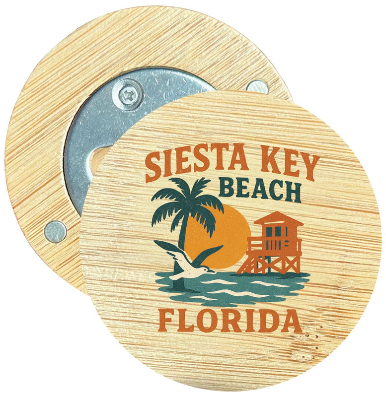 Siesta Key Beach Florida Vintage Design Souvenir Round Wood Magnetic Bottle Opener 2.5"