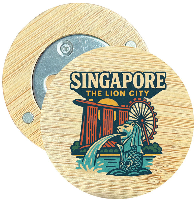 Singapore Vintage Design Souvenir Round Wood Magnetic Bottle Opener 2.5"