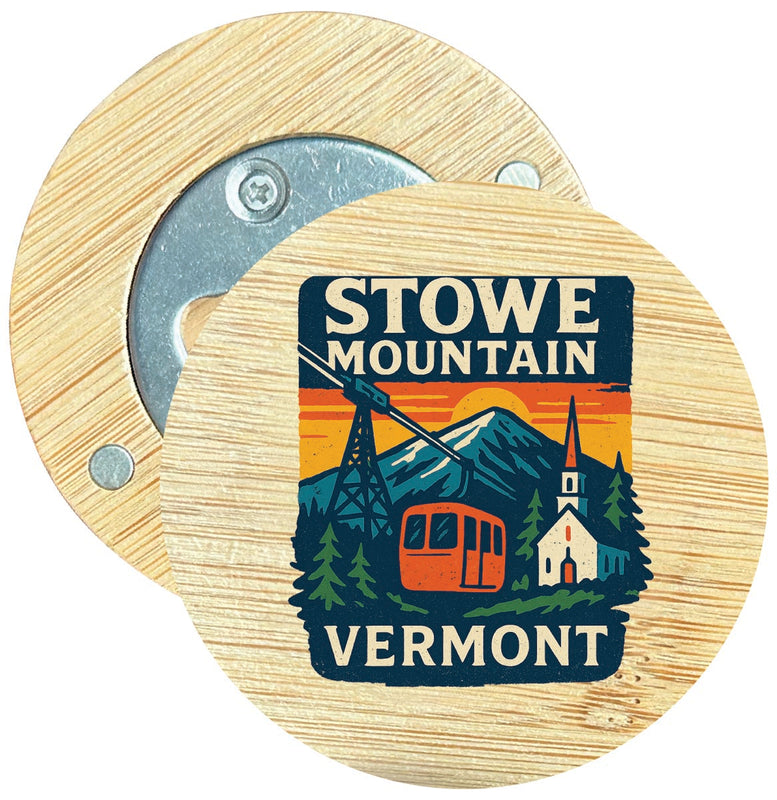 Stowe Mountain Vermont Vintage Design Souvenir Round Wood Magnetic Bottle Opener 2.5"