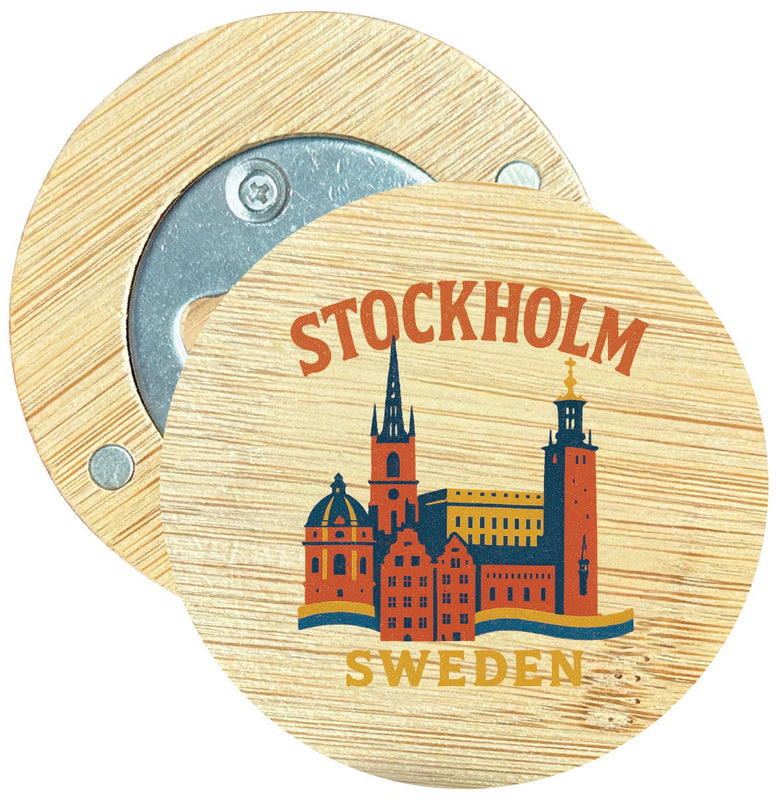 Stockholm Sweden Vintage Design Souvenir Round Wood Magnetic Bottle Opener 2.5"