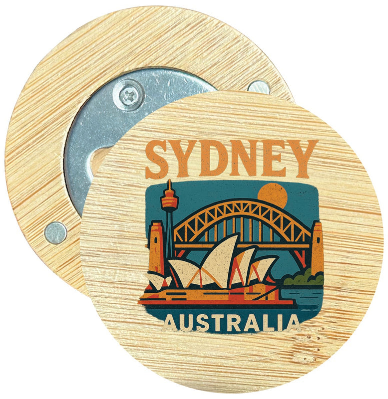 Sydney Australia Vintage Design Souvenir Round Wood Magnetic Bottle Opener 2.5"