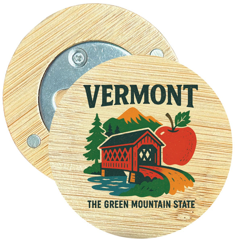 Vermont Vintage Design Souvenir Round Wood Magnetic Bottle Opener 2.5"