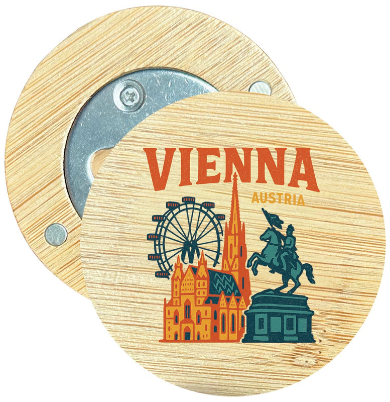 Vienna Austria Vintage Design Souvenir Round Wood Magnetic Bottle Opener 2.5"