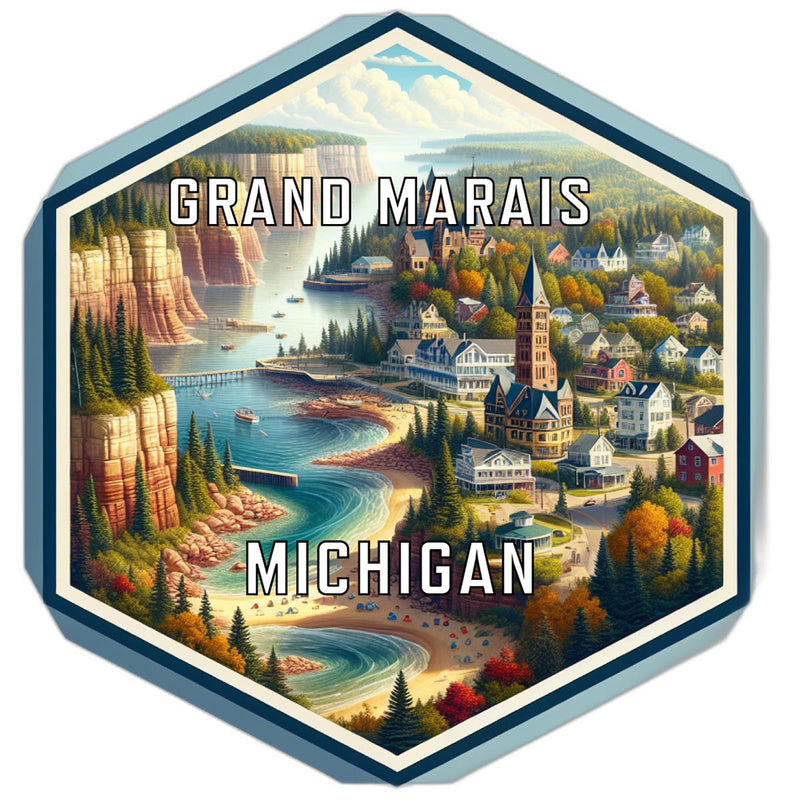 Grand Marais Michigan Souvenir Travel Destination Die Cut Hexagon Fridge Magnet 2-Inch