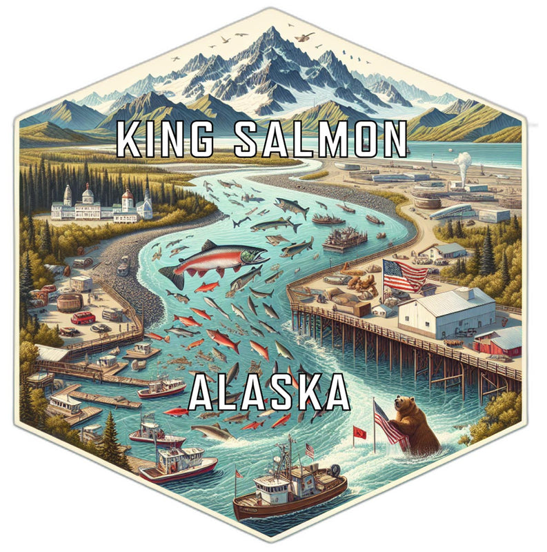 King Salmon Alaska Souvenir Travel Destination Die Cut Hexagon Fridge Magnet 2-Inch