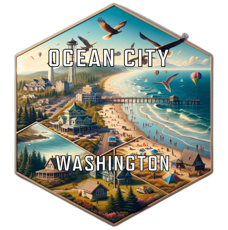 Ocean City Washington Souvenir Travel Destination Die Cut Hexagon Fridge Magnet 2-Inch