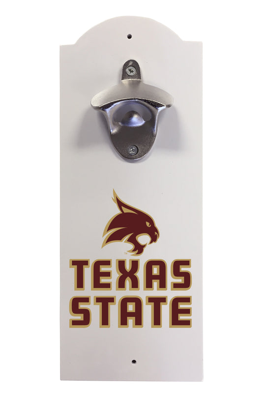 Texas State Bobcats Wall-Mounted Bottle Opener – Sturdy Metal with Decorative Wood Base for Home Bars, Rec Rooms & Fan Caves