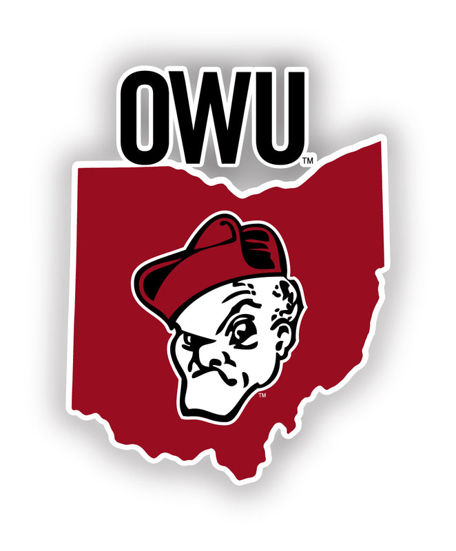 Ohio Wesleyan University 4-Inch State Shape NCAA Vinyl Decal Sticker for Fans, Students, and Alumni