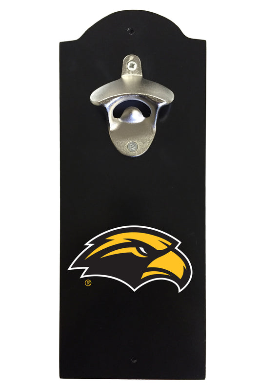 Southern Mississippi Golden Eagles Wall-Mounted Bottle Opener – Sturdy Metal with Decorative Wood Base for Home Bars, Rec Rooms & Fan Caves