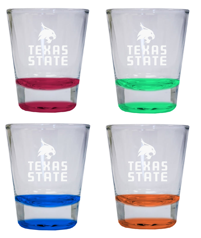 NCAA Texas State Bobcats Collector's 2oz Laser-Engraved Spirit Shot Glass Red, Orange, Blue and Green 4-Pack