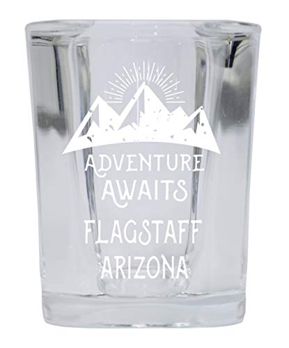 Flagstaff Arizona Souvenir Laser Engraved 2 Ounce Square Base Liquor Shot Glass Adventure Awaits Design