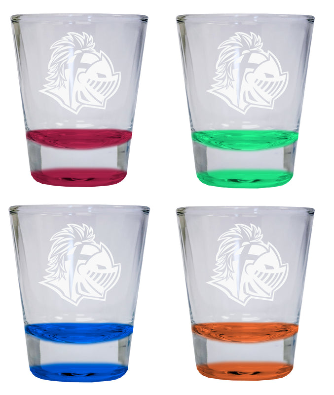 NCAA Southern Wesleyan University Collector's 2oz Laser-Engraved Spirit Shot Glass Red, Orange, Blue and Green 4-Pack