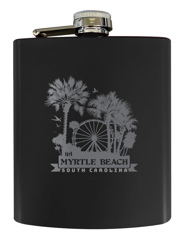 Myrtle Beach South Carolina Laser Etched Souvenir 7 oz Leather Steel Flask