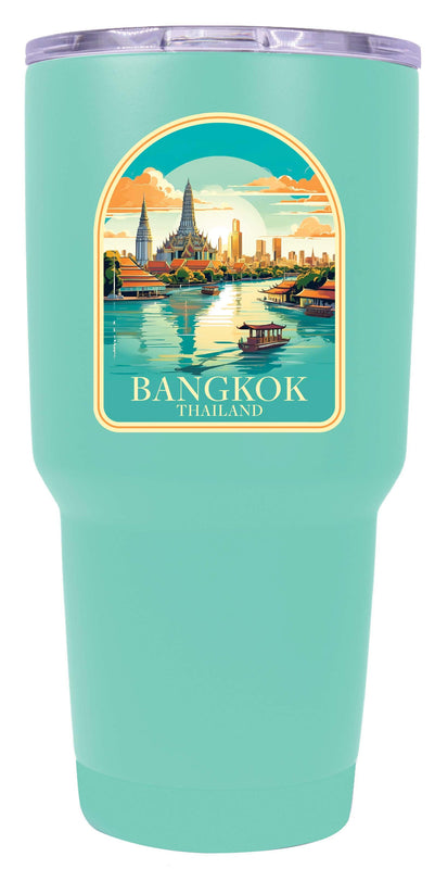 A 24 oz insulated stainless steel tumbler with detailed Bangkok Thailand design, featuring vibrant colors and a functional, straw-friendly lid. Ideal for travel or daily use.