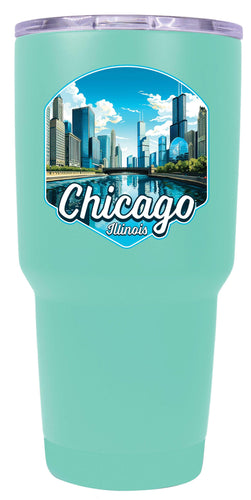 A 24 oz insulated stainless steel tumbler with detailed Chicago Illinois design, featuring vibrant colors and a functional, straw-friendly lid. Ideal for travel or daily use.
