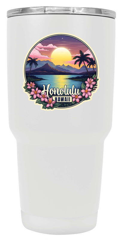 A 24 oz insulated stainless steel tumbler with detailed Honolulu Hawaii design, featuring vibrant colors and a functional, straw-friendly lid. Ideal for travel or daily use.
