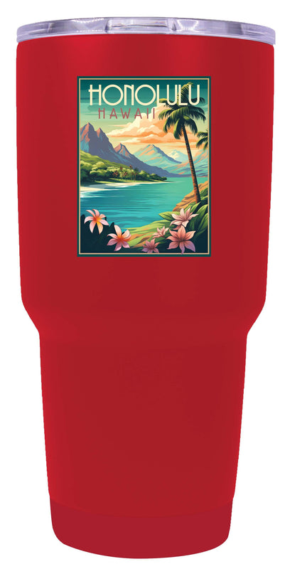 A 24 oz insulated stainless steel tumbler with detailed Honolulu Hawaii design, featuring vibrant colors and a functional, straw-friendly lid. Ideal for travel or daily use.
