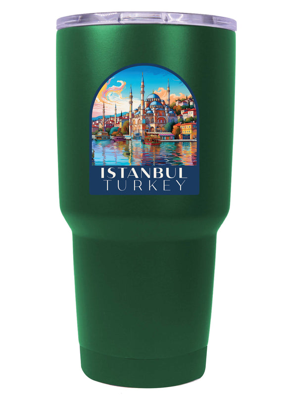 A 24 oz insulated stainless steel tumbler with detailed Istanbul Turkey design, featuring vibrant colors and a functional, straw-friendly lid. Ideal for travel or daily use.