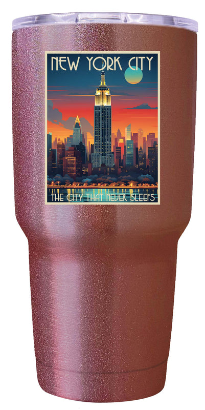 A 24 oz insulated stainless steel tumbler with detailed New York City design, featuring vibrant colors and a functional, straw-friendly lid. Ideal for travel or daily use.