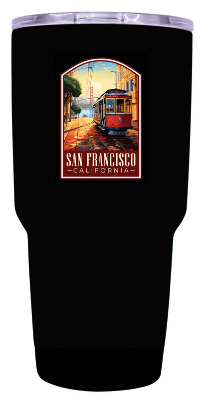 A 24 oz insulated stainless steel tumbler with detailed San Francisco California design, featuring vibrant colors and a functional, straw-friendly lid. Ideal for travel or daily use.