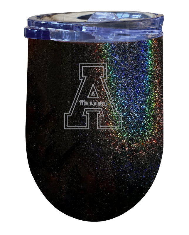 Appalachian State NCAA Laser-Etched Wine Tumbler - 12oz Rainbow Glitter Black Stainless Steel Insulated Cup