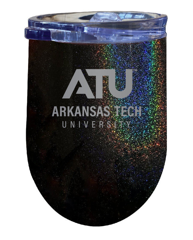 Arkansas Tech University NCAA Laser-Etched Wine Tumbler - 12oz Rainbow Glitter Black Stainless Steel Insulated Cup
