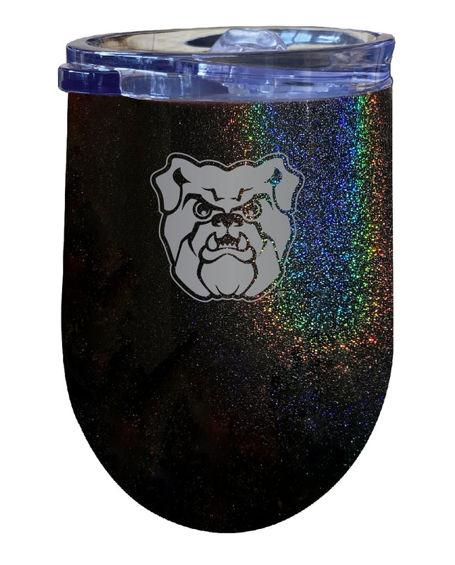 Butler Bulldogs NCAA Laser-Etched Wine Tumbler - 12oz Rainbow Glitter Black Stainless Steel Insulated Cup