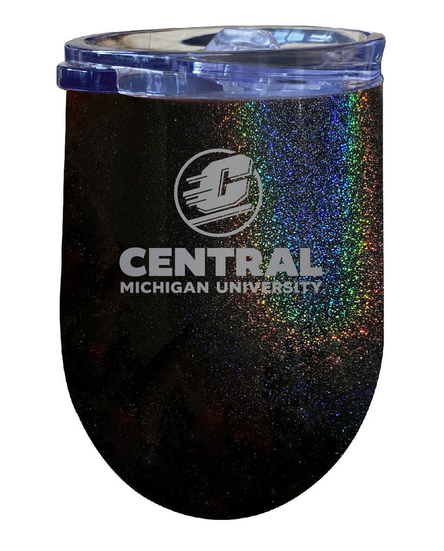 Central Michigan University NCAA Laser-Etched Wine Tumbler - 12oz Rainbow Glitter Black Stainless Steel Insulated Cup