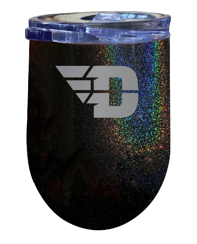 Dayton Flyers NCAA Laser-Etched Wine Tumbler - 12oz Rainbow Glitter Black Stainless Steel Insulated Cup