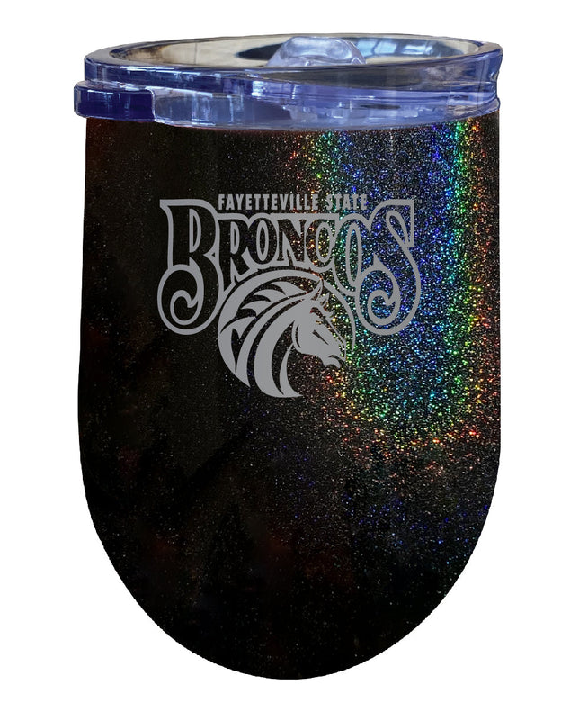 Fayetteville State University NCAA Laser-Etched Wine Tumbler - 12oz Rainbow Glitter Black Stainless Steel Insulated Cup
