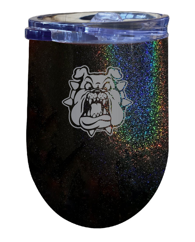 Fresno State Bulldogs NCAA Laser-Etched Wine Tumbler - 12oz Rainbow Glitter Black Stainless Steel Insulated Cup