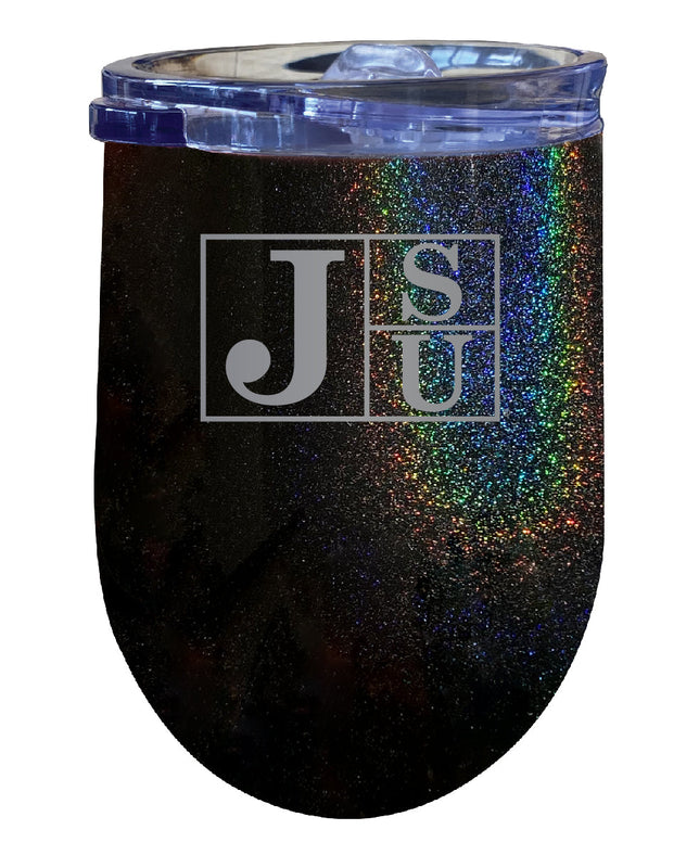 Jackson State University NCAA Laser-Etched Wine Tumbler - 12oz Rainbow Glitter Black Stainless Steel Insulated Cup