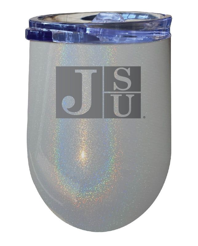 Jackson State University NCAA Laser-Etched Wine Tumbler - 12oz Rainbow Glitter Gray Stainless Steel Insulated Cup