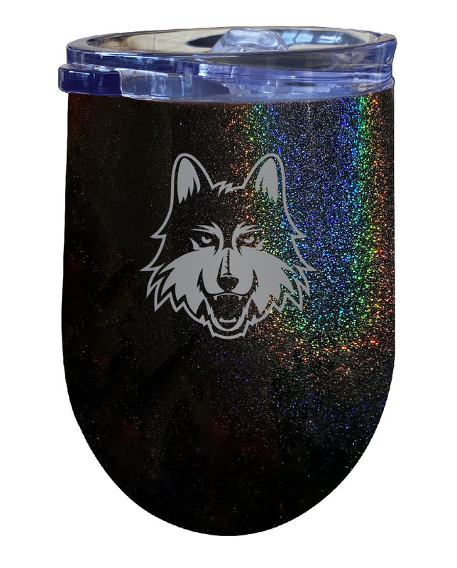 Loyola University Ramblers NCAA Laser-Etched Wine Tumbler - 12oz Rainbow Glitter Black Stainless Steel Insulated Cup