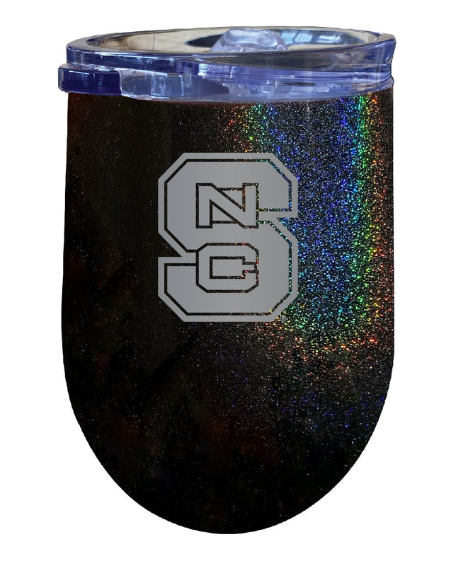NC State Wolfpack NCAA Laser-Etched Wine Tumbler - 12oz Rainbow Glitter Black Stainless Steel Insulated Cup