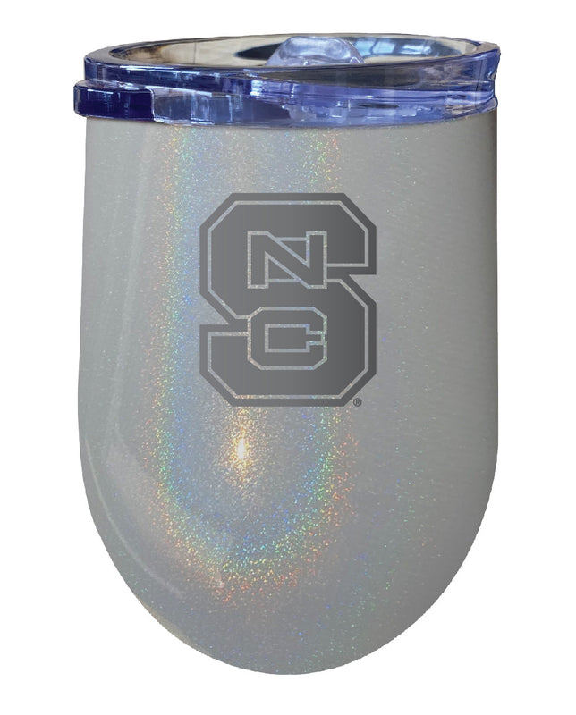 NC State Wolfpack NCAA Laser-Etched Wine Tumbler - 12oz Rainbow Glitter Gray Stainless Steel Insulated Cup