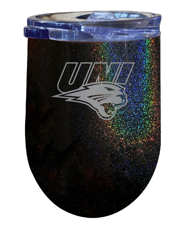 Northern Iowa Panthers NCAA Laser-Etched Wine Tumbler - 12oz Rainbow Glitter Black Stainless Steel Insulated Cup