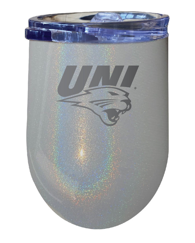 Northern Iowa Panthers NCAA Laser-Etched Wine Tumbler - 12oz Rainbow Glitter Gray Stainless Steel Insulated Cup